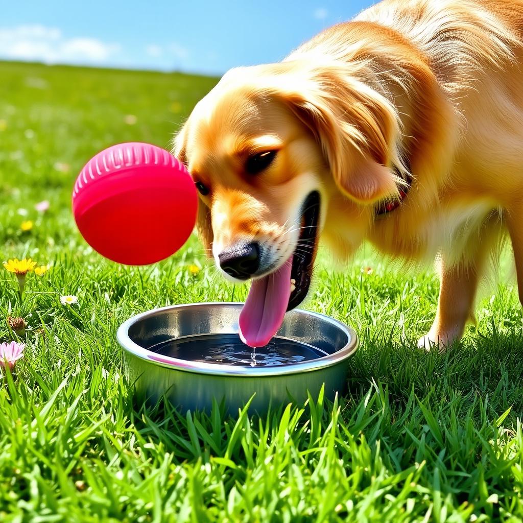 A joyful scene of a dog playfully drinking water from a bowl while simultaneously engaging with a colorful ball