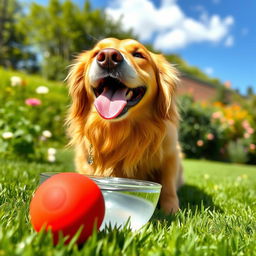 A joyful scene of a dog playfully drinking water from a bowl while simultaneously engaging with a colorful ball