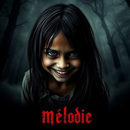 A horror movie poster titled 'Mélodie', featuring a large close-up angle of a young girl's face, who appears dead but is smiling like a demon