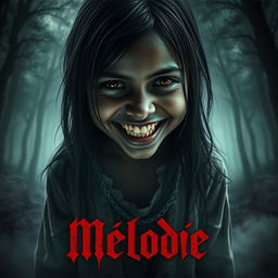 A horror movie poster titled 'Mélodie', featuring a large close-up angle of a young girl's face, who appears dead but is smiling like a demon