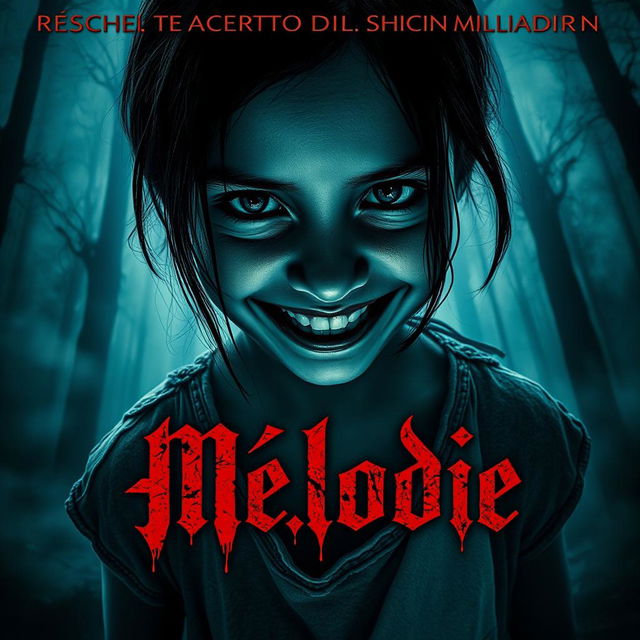 A horror movie poster titled 'Mélodie', featuring a large close-up angle of a young girl's face, who appears dead but is smiling like a demon