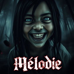 A horror movie poster titled 'Mélodie', featuring a large close-up angle of a young girl's face, who appears dead but is smiling like a demon