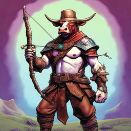 An image of a cow ranger, depicted in the style of classic Dungeons and Dragons art