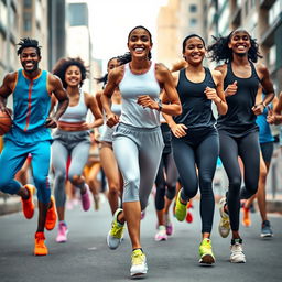 A dynamic scene featuring a diverse group of athletes wearing stylish and modern sports apparel, showcasing a variety of sports such as basketball, running, and yoga