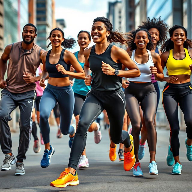 A dynamic scene featuring a diverse group of athletes wearing stylish and modern sports apparel, showcasing a variety of sports such as basketball, running, and yoga