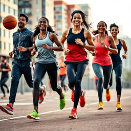 A dynamic scene featuring a diverse group of athletes wearing stylish and modern sports apparel, showcasing a variety of sports such as basketball, running, and yoga