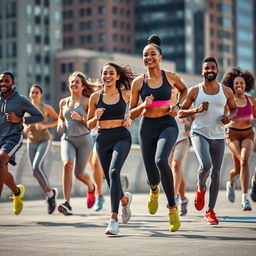 A dynamic scene featuring a diverse group of athletes wearing stylish and modern sports apparel, showcasing a variety of sports such as basketball, running, and yoga
