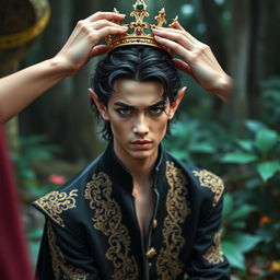 A young male elf is in the process of being crowned