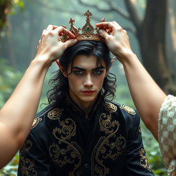 A young male elf is in the process of being crowned