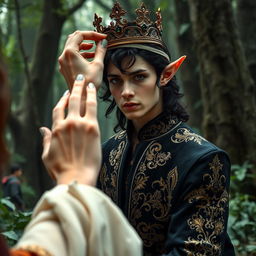 A young male elf is in the process of being crowned