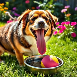 A joyful dog drinking water from a bowl, with a colorful ball nearby, depicting a sunny outdoor scene