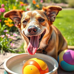 A joyful dog drinking water from a bowl, with a colorful ball nearby, depicting a sunny outdoor scene