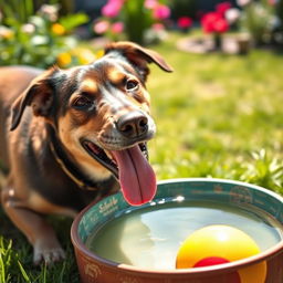 A joyful dog drinking water from a bowl, with a colorful ball nearby, depicting a sunny outdoor scene