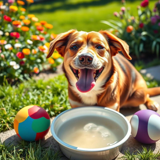 A joyful dog drinking water from a bowl, with a colorful ball nearby, depicting a sunny outdoor scene