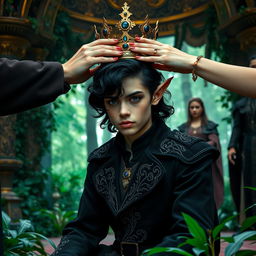 A young elf man is being crowned, kneeling in a beautifully decorated forest palace