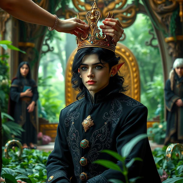 A young elf man is being crowned, kneeling in a beautifully decorated forest palace