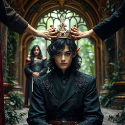 A young elf man is being crowned, kneeling in a beautifully decorated forest palace