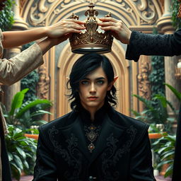 A young elf man is being crowned, kneeling in a beautifully decorated forest palace