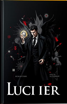 A striking book cover featuring a dark black background infused with abstract modern art elements, portraying a sense of depth and intrigue