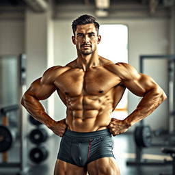 A muscular man confidently posing, showcasing his impressive physique, standing in a relaxed manner