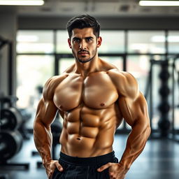 A muscular man confidently posing, showcasing his impressive physique, standing in a relaxed manner