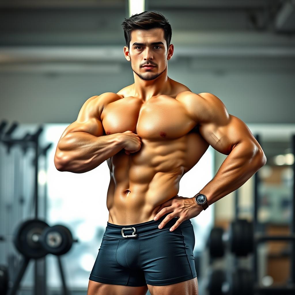 A muscular man confidently posing, showcasing his impressive physique, standing in a relaxed manner