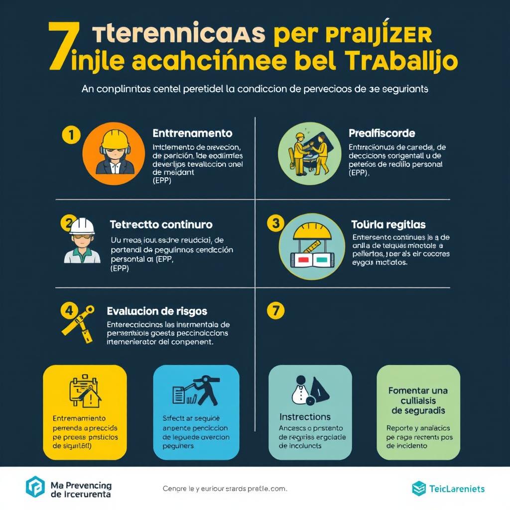 Una infografía atractiva y colorida sobre las '7 técnicas secretas para mejorar la prevención de accidentes' en cumplimiento de la Ley Orgánica de Prevención, Condiciones y Medio Ambiente Del Trabajo, con texto claro en español