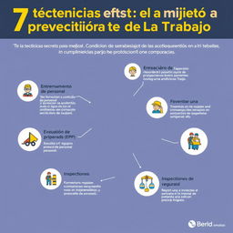 Una infografía atractiva y colorida sobre las '7 técnicas secretas para mejorar la prevención de accidentes' en cumplimiento de la Ley Orgánica de Prevención, Condiciones y Medio Ambiente Del Trabajo, con texto claro en español