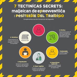 Una infografía atractiva y colorida sobre las '7 técnicas secretas para mejorar la prevención de accidentes' en cumplimiento de la Ley Orgánica de Prevención, Condiciones y Medio Ambiente Del Trabajo, con texto claro en español