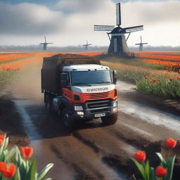 An image of a robust SnowRunner truck, navigating the muddy terrains of the Netherlands