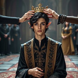 A young male elf in his early twenties with wavy black hair and sultry eyes with black eyeliner, is kneeling in a majestic forest palace, preparing for a coronation
