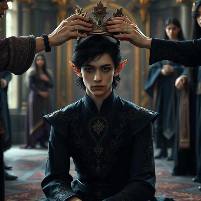 A young male elf in his early twenties with wavy black hair and sultry eyes with black eyeliner, is kneeling in a majestic forest palace, preparing for a coronation