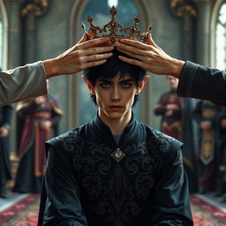 A young male elf in his early twenties with wavy black hair and sultry eyes with black eyeliner, is kneeling in a majestic forest palace, preparing for a coronation