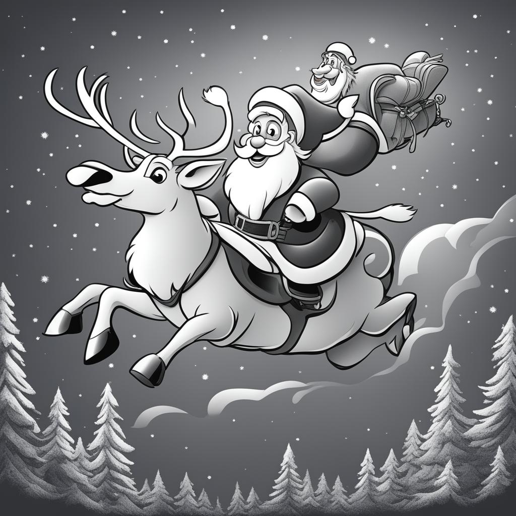 A black and white Disney-style cartoon drawing of Santa Claus and his reindeer in mid-flight