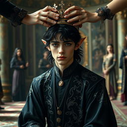 A young male elf in his early twenties with wavy black hair and sultry eyes with black eyeliner, is kneeling in a majestic forest palace, preparing for a coronation