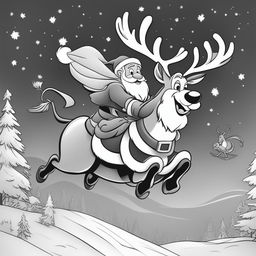 A black and white Disney-style cartoon drawing of Santa Claus and his reindeer in mid-flight