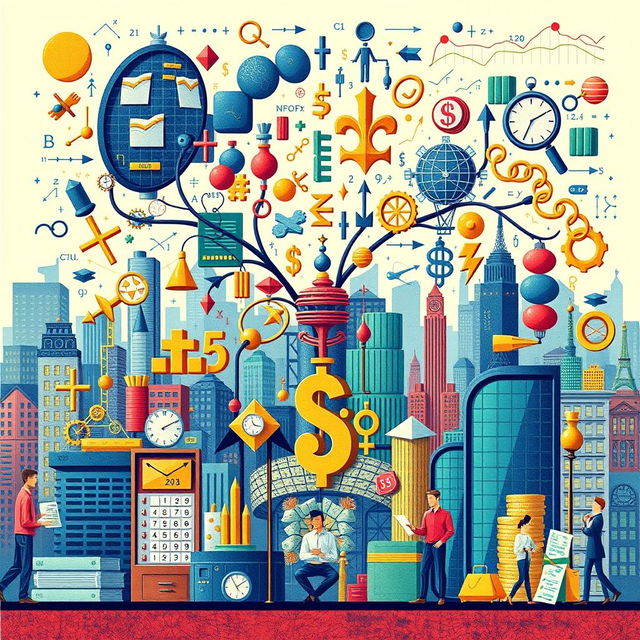 An intricate illustration depicting the intersection of mathematics and capitalism, showcasing various mathematical symbols and equations intertwined with elements of finance, such as stock market graphs, currency symbols, and calculators