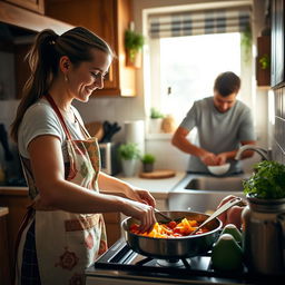 A cozy kitchen scene featuring a woman cooking a delicious meal on the stove, looking focused and happy