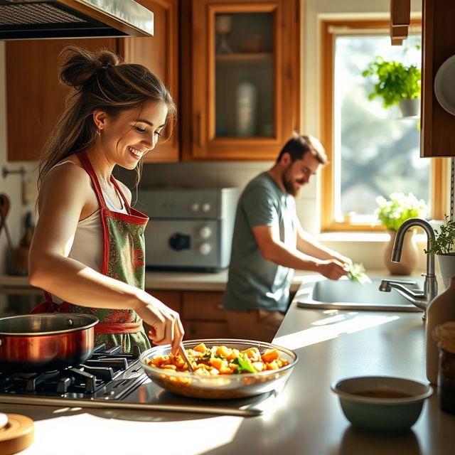 A cozy kitchen scene featuring a woman cooking a delicious meal on the stove, looking focused and happy