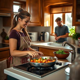 A cozy kitchen scene featuring a woman cooking a delicious meal on the stove, looking focused and happy