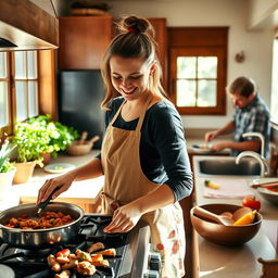 A cozy kitchen scene featuring a woman cooking a delicious meal on the stove, looking focused and happy