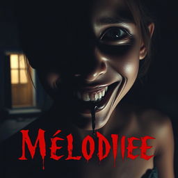 A horror movie poster titled 'Mélodie', featuring a large close-up angle of a young Malagasy girl's face, who appears dead and is smiling like a demon