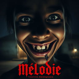 A horror movie poster titled 'Mélodie', featuring a large close-up angle of a young Malagasy girl's face, who appears dead and is smiling like a demon