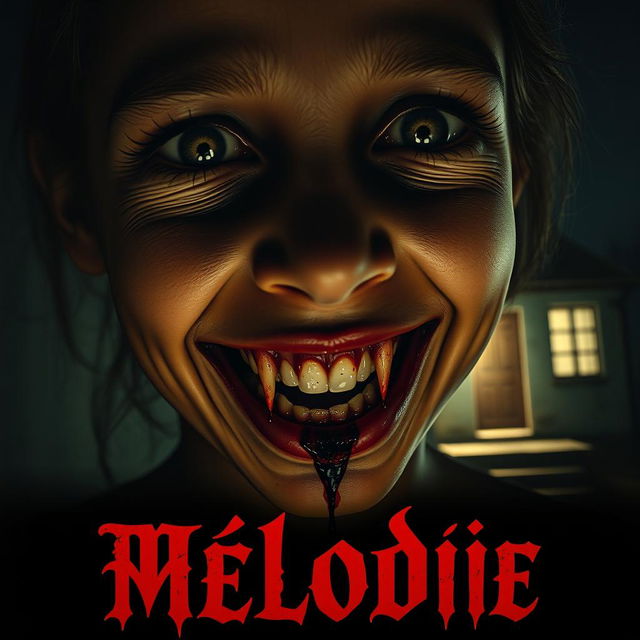 A horror movie poster titled 'Mélodie', featuring a large close-up angle of a young Malagasy girl's face, who appears dead and is smiling like a demon