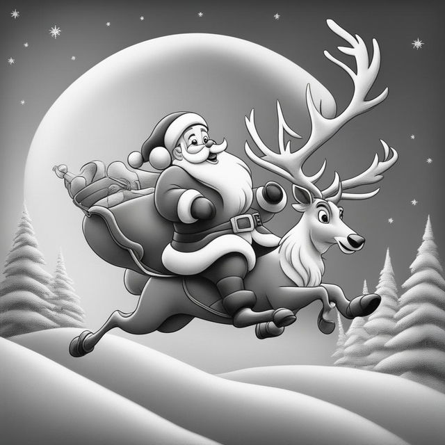 A black and white Disney-style cartoon drawing of Santa Claus and his reindeer in mid-flight