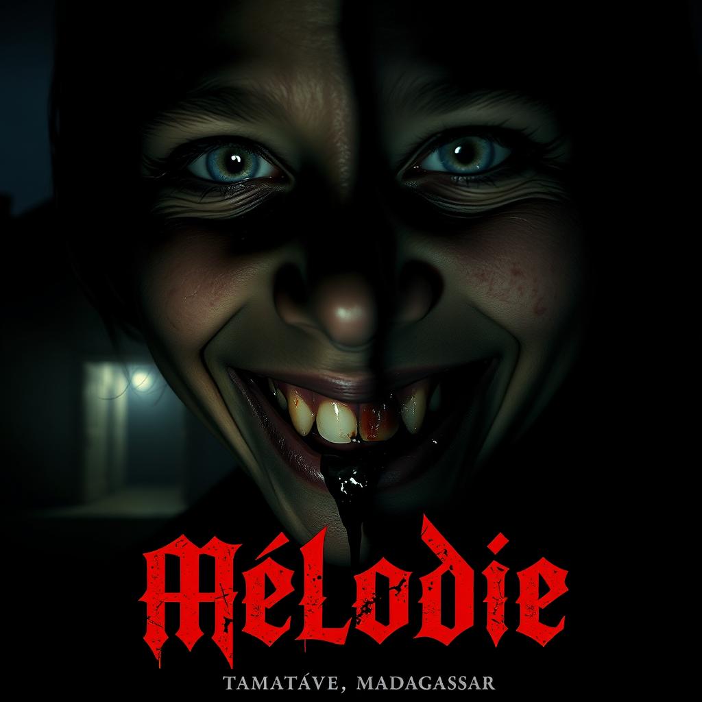 A horror movie poster titled 'Mélodie', featuring a large close-up angle of a young Malagasy girl's face, who appears dead and is smiling like a demon