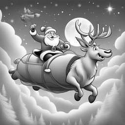 A black and white Disney-style cartoon drawing of Santa Claus and his reindeer in mid-flight