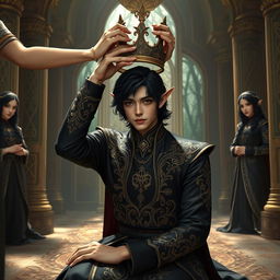 A young male elf in his mid-twenties with wavy black hair and sultry, kohl-rimmed eyes is kneeling in a lavish forest palace, undergoing a crowning ceremony