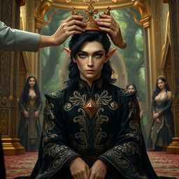 A young male elf in his mid-twenties with wavy black hair and sultry, kohl-rimmed eyes is kneeling in a lavish forest palace, undergoing a crowning ceremony
