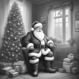 A black and white graphite pencil drawing in a cute Disney-style, featuring Santa Claus standing next to a beautifully decorated Christmas tree in a cozy, inviting home